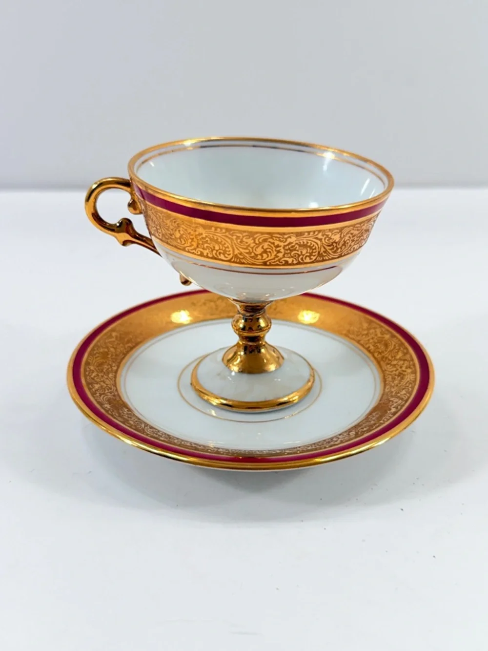 Limoges France Porcelain Footed Tea Coffee Cup & Saucer Gold Red Glitter Vintage